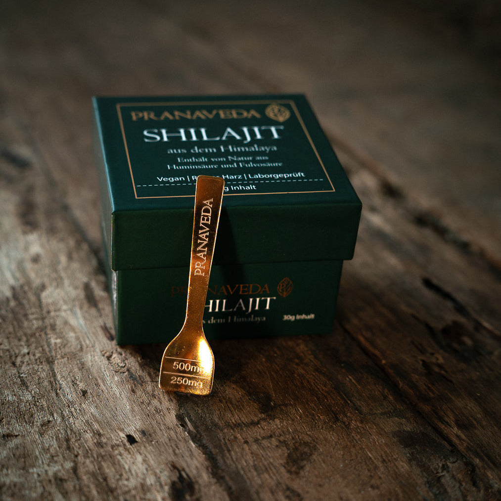 Shilajit Box mit goldenem Dosierlöffel