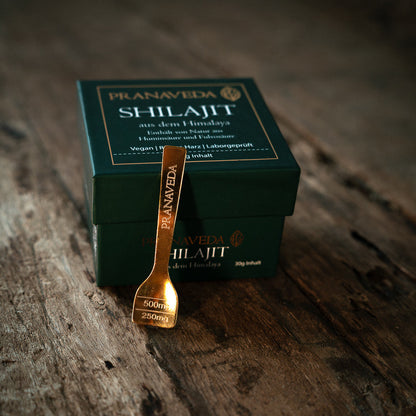 Shilajit Box mit goldenem Dosierlöffel
